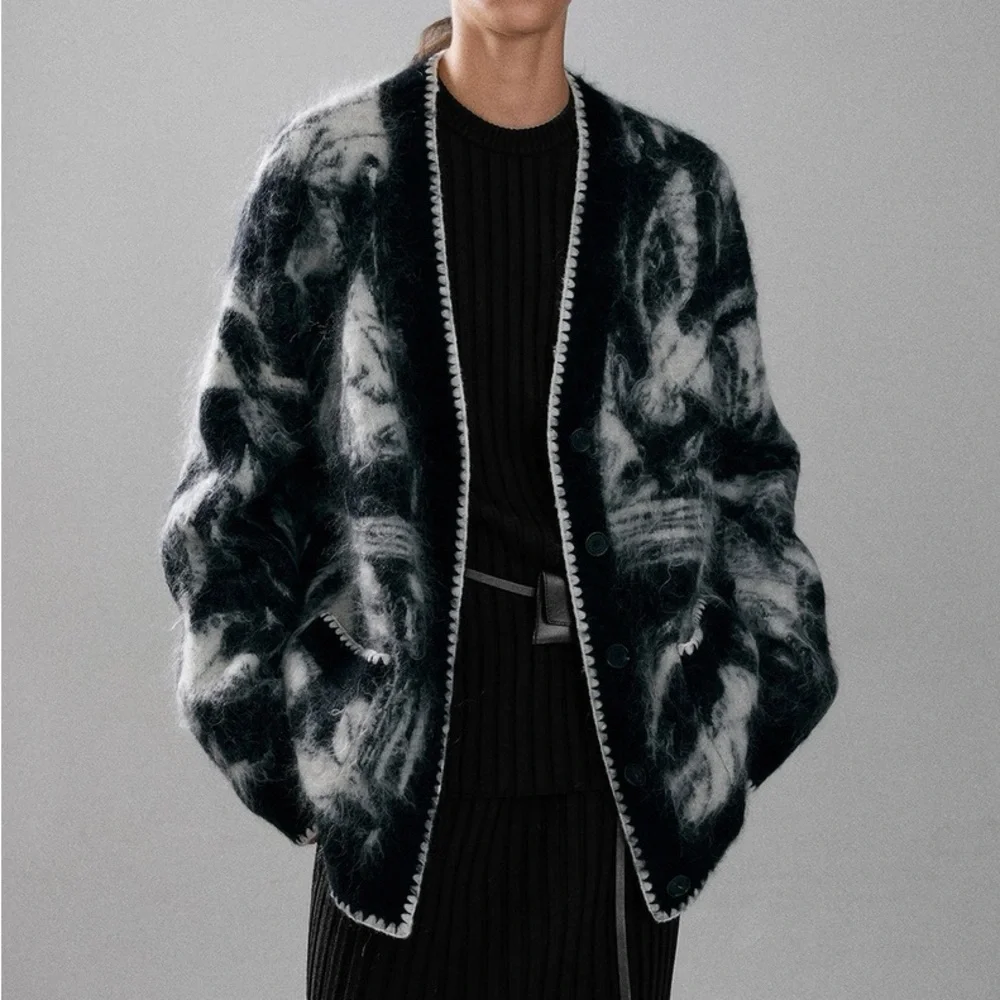 CHICJOC Luxury Mohair Blend Cardigan – Abstract Knit – Size 36
